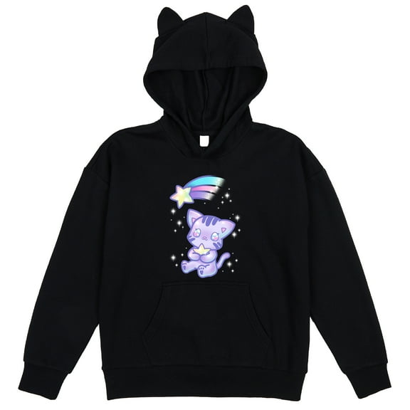 Kawaii Cat Shooting Star Youth Black Long Sleeve Hooded Sweatshirt With 3D Ears-Medium