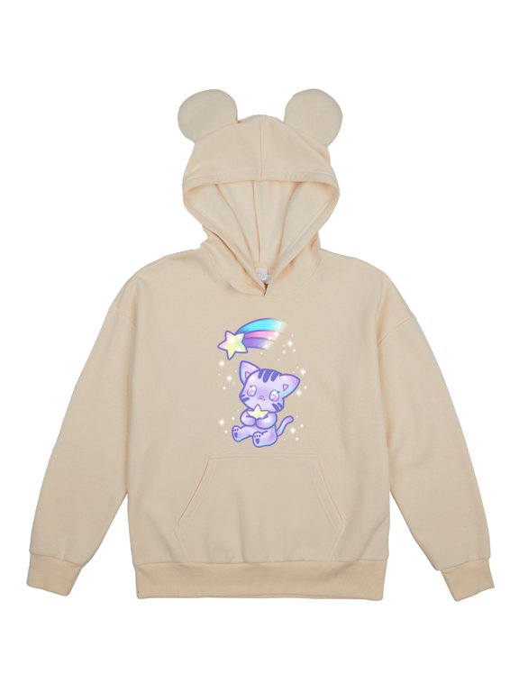 Kawaii Cat Shooting Star Youth Off-White Long Sleeve Hooded Sweatshirt With 3D Ears-Small