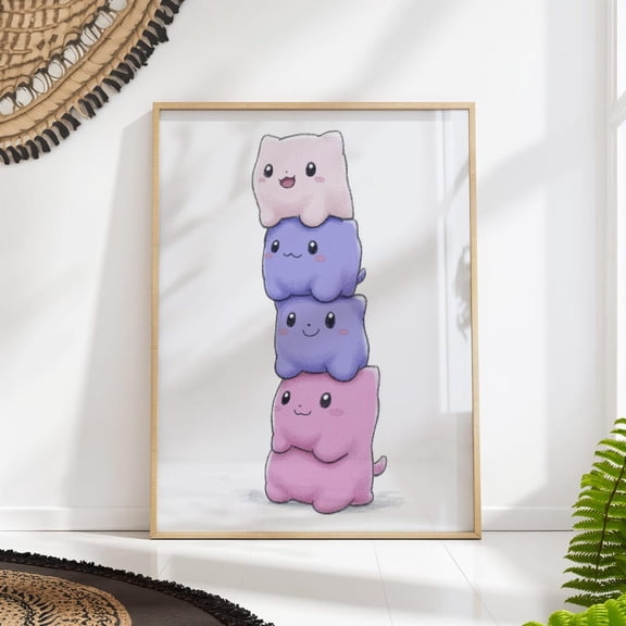 Kawaii Cat Stack Poster, Cute Pastel Kitty Print, Whimsical Animal Wall Art, Playful Nursery Decor Wall Art, Modern Wall Decor, 12x18 UNFRAMED
