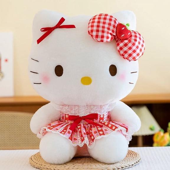 Kawaii Cat Stuffed Toy, Fluffy Plush with Lace Trim & Red Plaid Outfit, Ideal Gift