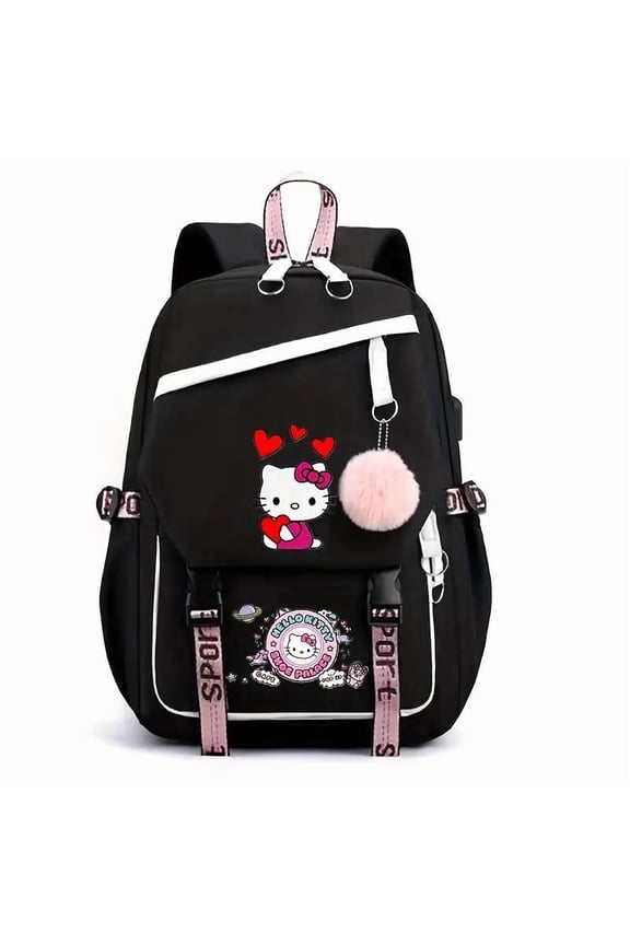 Kawaii Cat Themed Laptop Backpack, Large Capacity Water-Resistant Travel Backpack with Plush Pom Pom