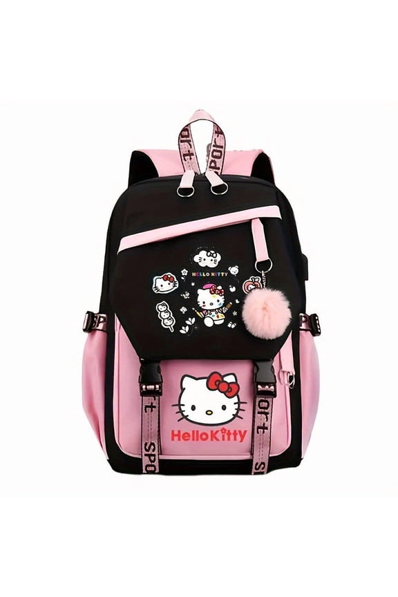 Kawaii Cat Themed Laptop Backpack, Large Capacity Water-Resistant Travel Backpack with Plush Pom Pom