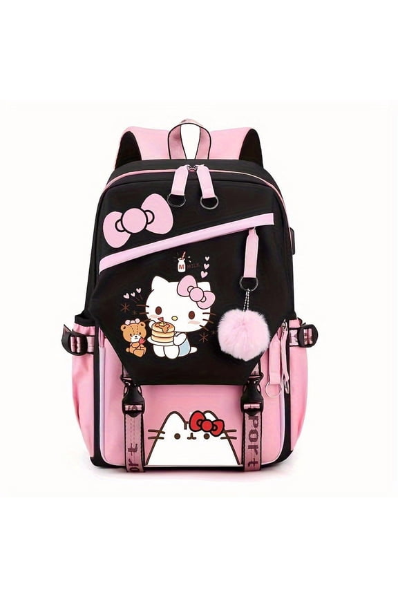 Kawaii Cat Themed Laptop Backpack, Large Capacity Water-Resistant Travel Backpack with Plush Pom Pom