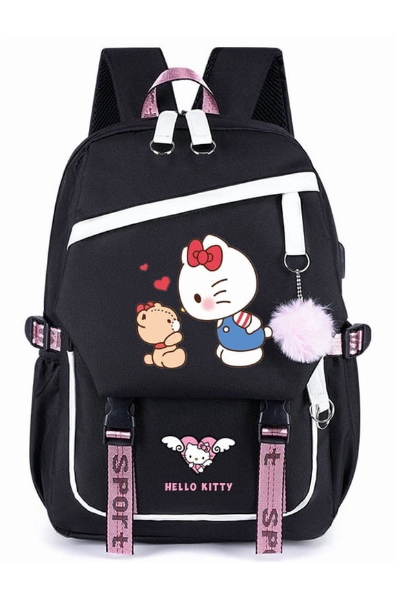 Kawaii Cat Themed Laptop Backpack, Large Capacity Water-Resistant Travel Backpack with Plush Pom Pom