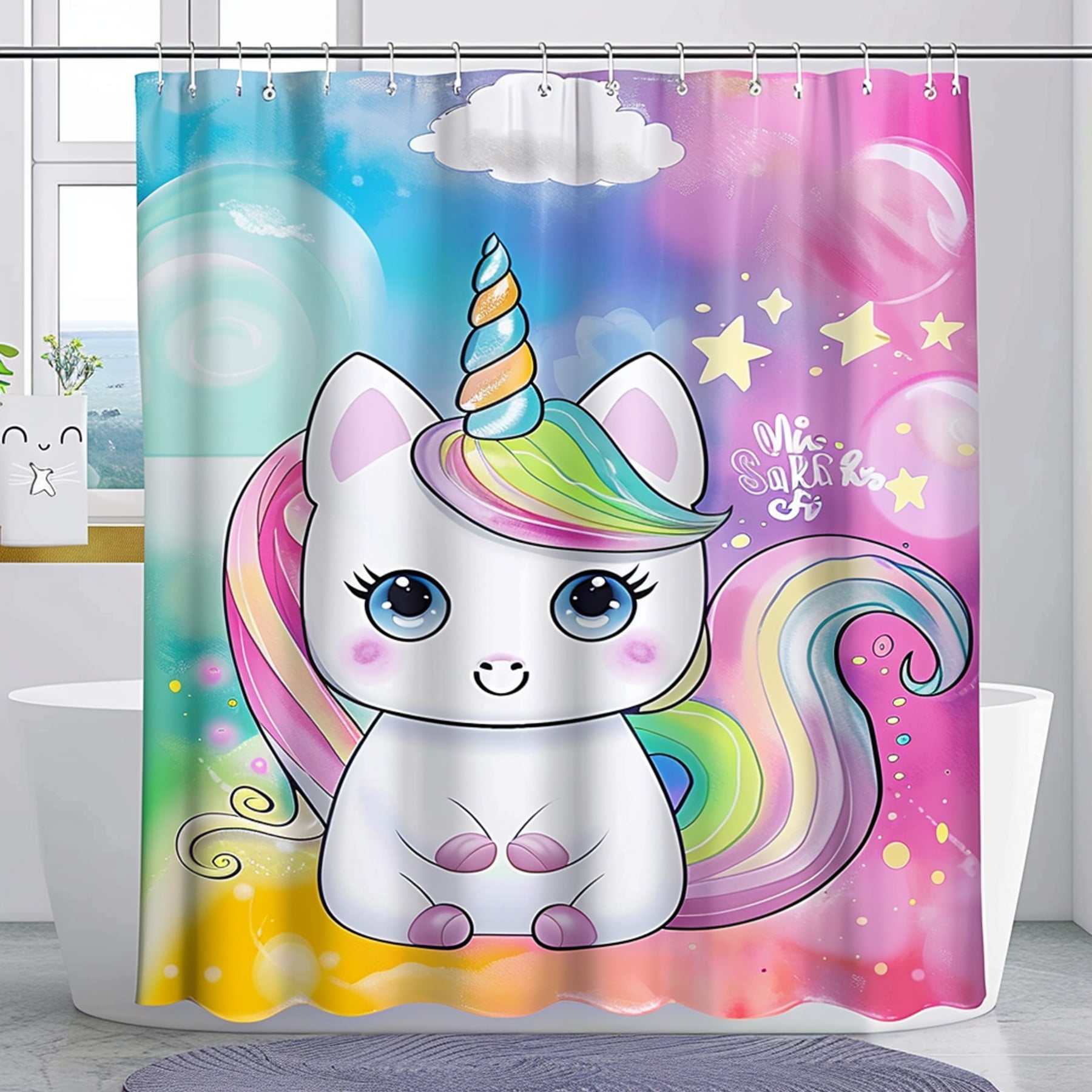 Kawaii Cat Unicorn Shower Curtain Set Pastel Colors Rainbow Tail