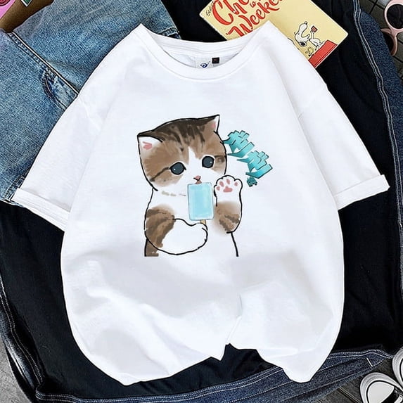Kawaii Cat Women Print Funny T-shirt Girl Animal Y2K Fashion 90S Print Tops Tee Gril Black White Clothes Drop Ship