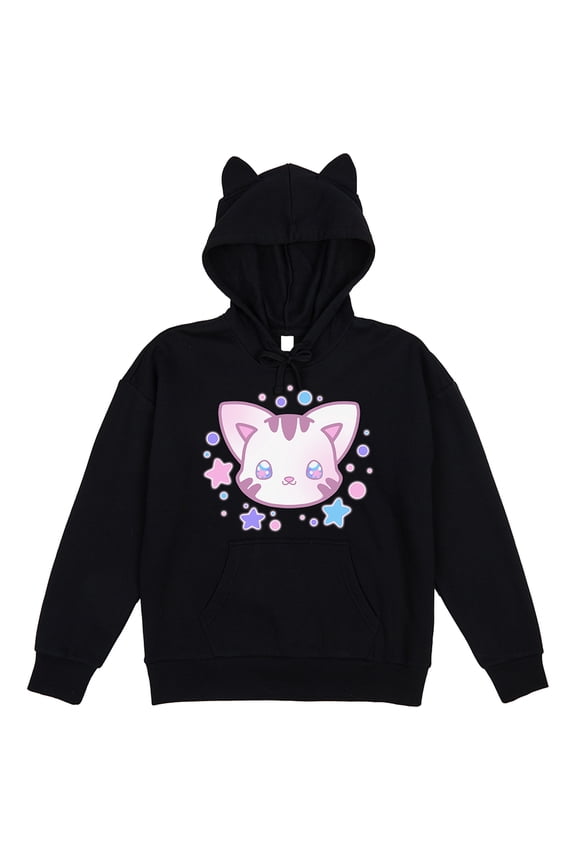 Kawaii Cat Women's Black Long Sleeve Hooded Sweatshirt With 3D Ears-Large