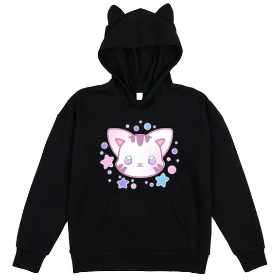 Kawaii Cat Youth Black Long Sleeve Hooded Sweatshirt With 3D Ears-Medium