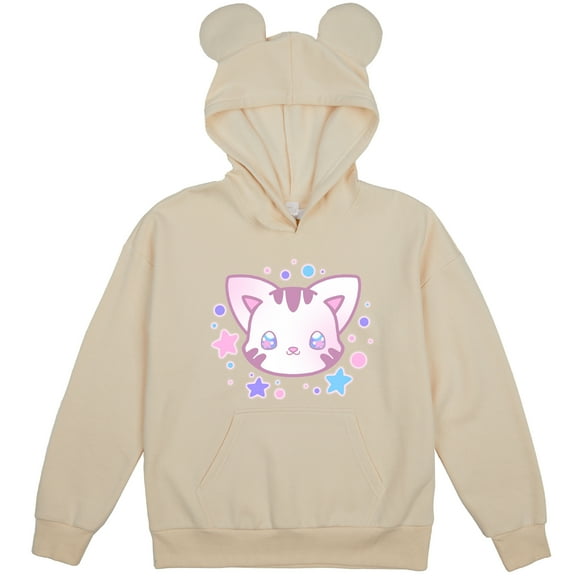 Kawaii Cat Youth Off-White Long Sleeve Hooded Sweatshirt With 3D Ears-XS