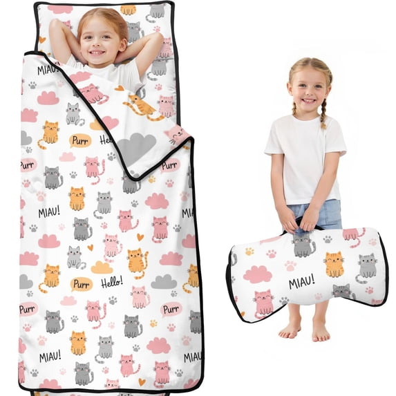 Kawaii Cat and Miau White Pattern Teens Toddler Nap Mat with Pillow, Sleeping Mat Bag for Preschool Daycare 60"x20"