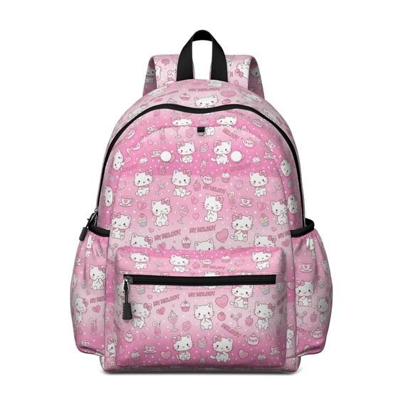 Kawaii Cat and Tea Pink Pattern Cute School Backpack with Padded Back and Adjustable Shoulder Straps 13.4"x11"x4.7"