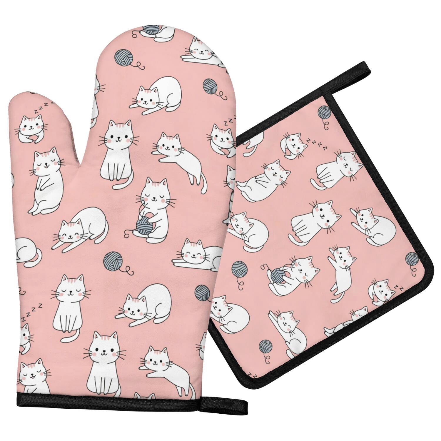 Kicthen Clean Signs Kawaii Cat and Yarn Pink Pattern Oven Mitt Pot Holder Set, Polyester ...