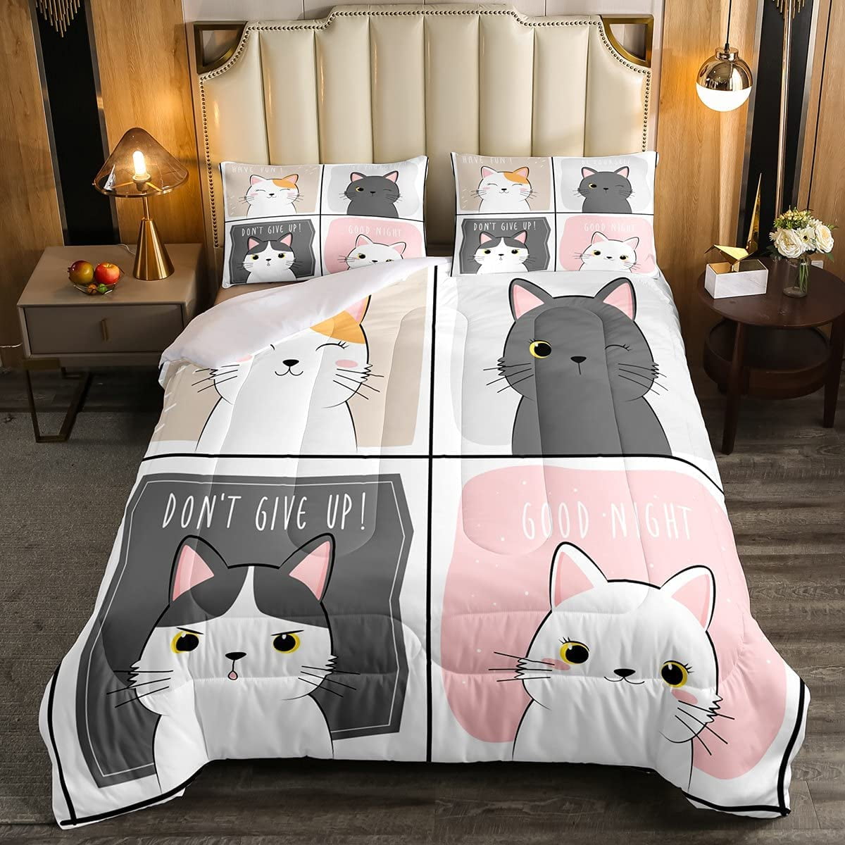 Kawaii Cats Comforter Set King,Pink Grey Cute Little Cat Down Comforter