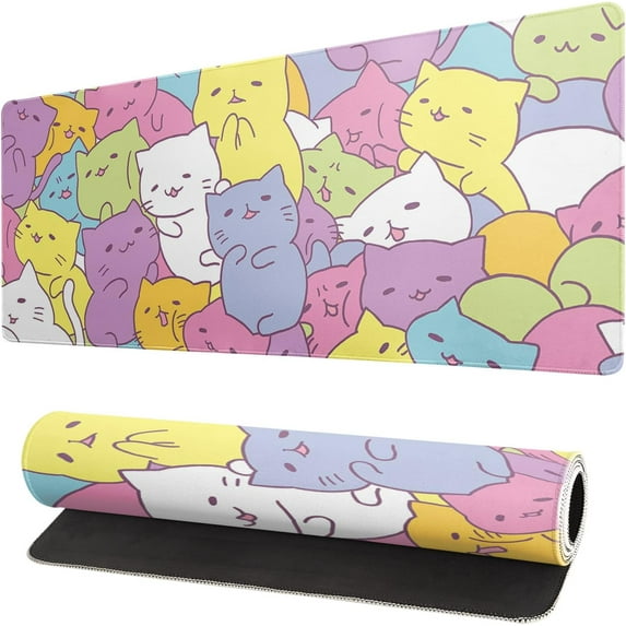 Kawaii Cats Gaming Mouse Pad, Extended Large Mouse Mat Desk Pad, Big Computer Keyboard Desk Pad, Stitched Edges Mousepad, 3mm Thick Long Non-Slip Rubber Base Mice Pad, 31.5 X 11.8 Inch1