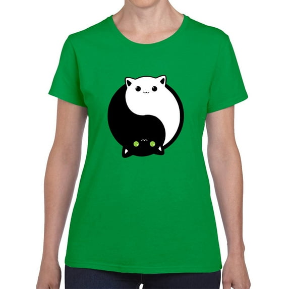 Kawaii Cats Ying Yang Graphic Women Kelly Green T-Shirt, Female XX-Large