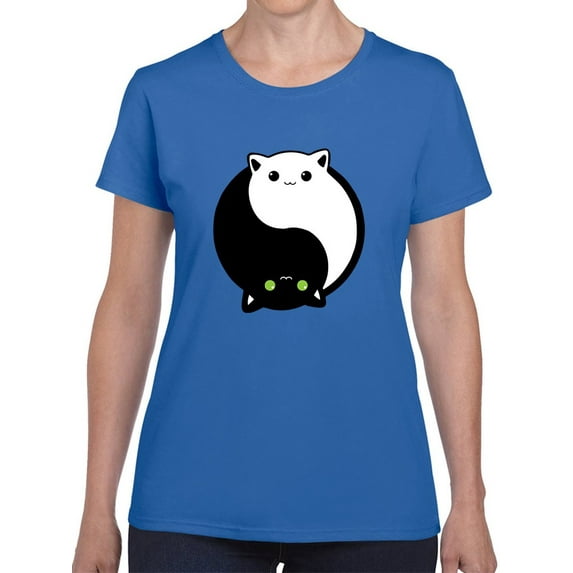 Kawaii Cats Ying Yang Graphic Women Royal Blue T-Shirt, Female Medium