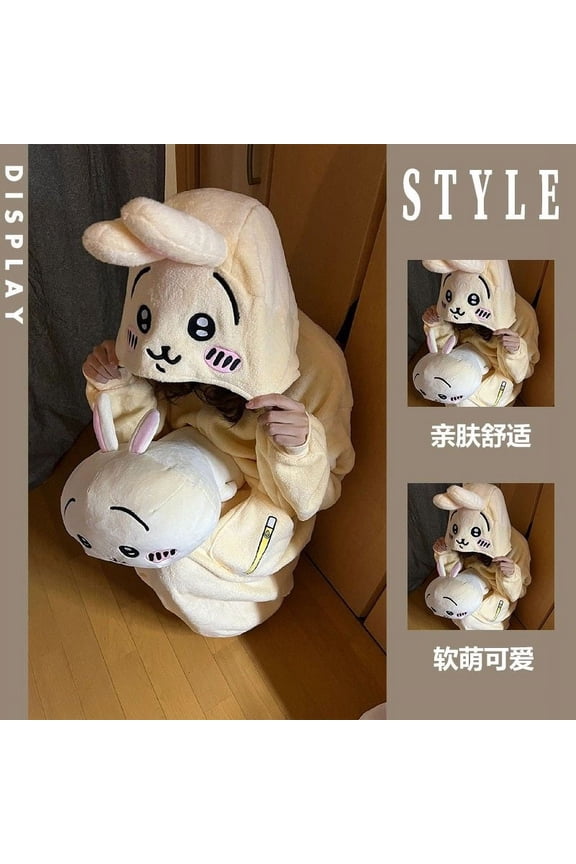 Kawaii Chiikawa Pajamas Coral Velvet Hooded Cartoon Y2K Hachiware Usagi Women's Velvet Home Clothes Autumn Winter Warm