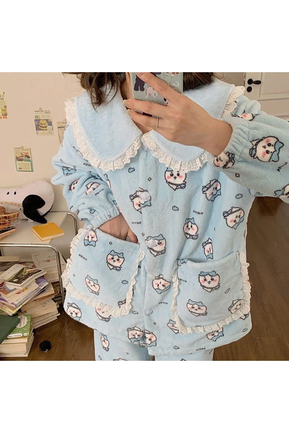 Kawaii Chiikawa Women Pajama Anime Cartoon Pajama Sets Cotton Student Sleepwear Sweetheart Cute Comfortable Warm Home Wear