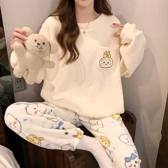 Kawaii Chiikawa Women Warm Plush Pajamas Set Usagi Hello Kitty Cute Autumn Winter Thicken Home Clothes Cartoon Tops Pants