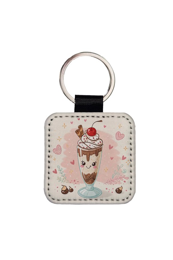 Kawaii Chocolate Milk Shake Faux Leather Square Keychain