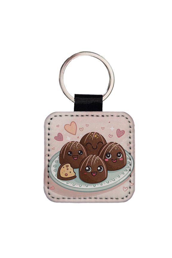 Kawaii Chocolate Truffles Faux Leather Square Keychain