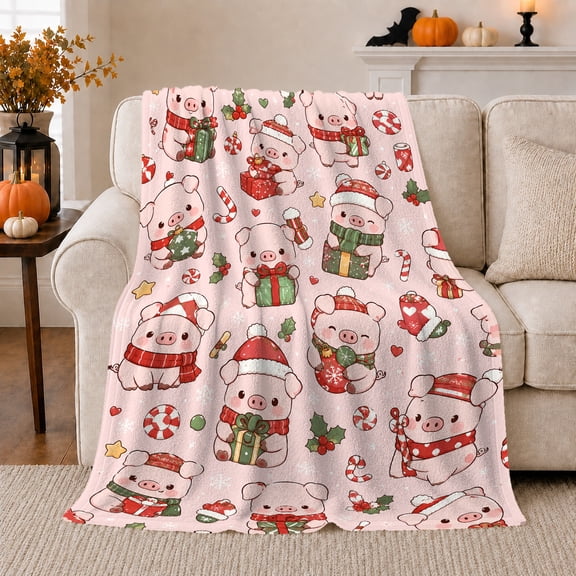 Kawaii Christmas Pig Holiday Scene Candy Canes Presents, Festive Holiday Scene, Warm Flannel Blanket for Living Room and Family Room, Art Lovers Christmas Gift, Festive Home Decor