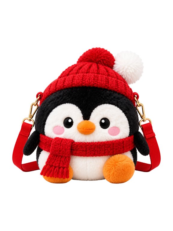 Kawaii Christmas Plush Crossbody Bag for Women & Girls, Festive Holiday Plush Shoulder Purse, Cute Christmas Character Design, Cozy Holiday Costume Accessory, Penguin