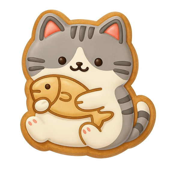 Kawaii Chubby Cat Holding Fish Cookie Cutter - 4x3.61" Fun Kitchen Baking