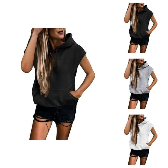 Kawaii Clothes Women's Solid Color Sweatshirt Women Plus Size Fashion Solid Hooded Sweatshirt Short Sleeve Loose Blouse Top