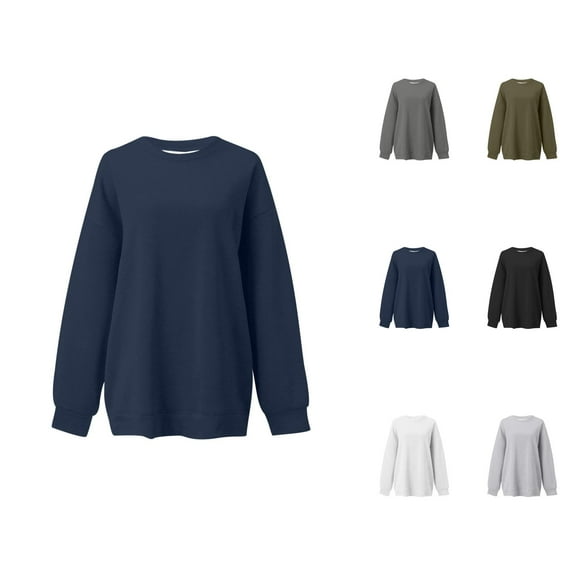 Kawaii Clothes Women's Solid Sweatshirt Women's Fashion Casual Solid Color Crew Neck Loose Long Sleeved Hoodie