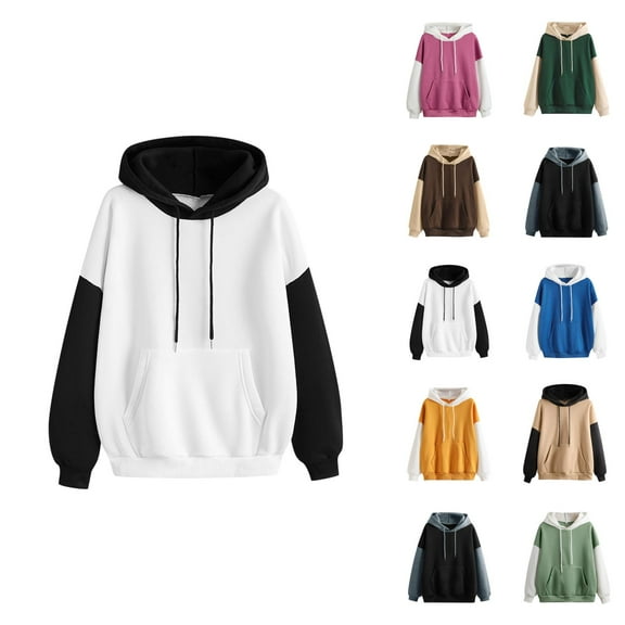 Kawaii Clothes Women's Solid Sweatshirt Womens Casual Strap Blouse Long Sleeve Splice Hooded Sweatshirt Tops