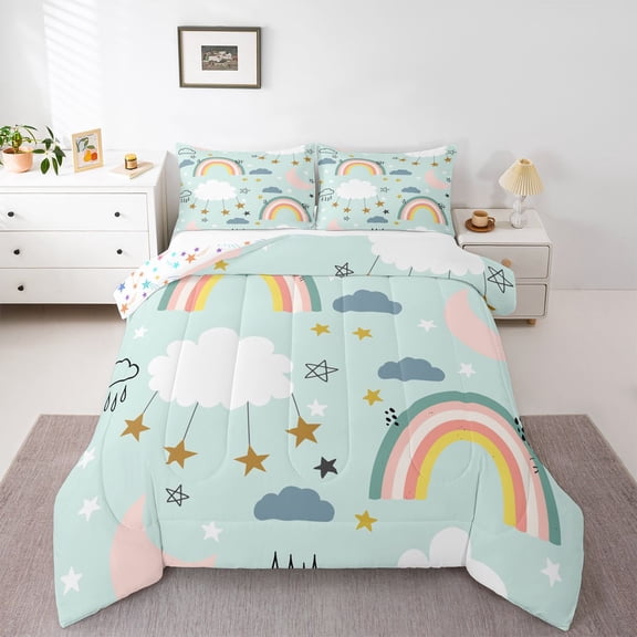 Kawaii Comforter Set King Rainbow Moon Stars Comforter Set Cute Cartoon Cloud Bedding Comforters Scandinavian Style Doodle Quilt Duvet Sets Bedroom Decor 2 Pillow Case