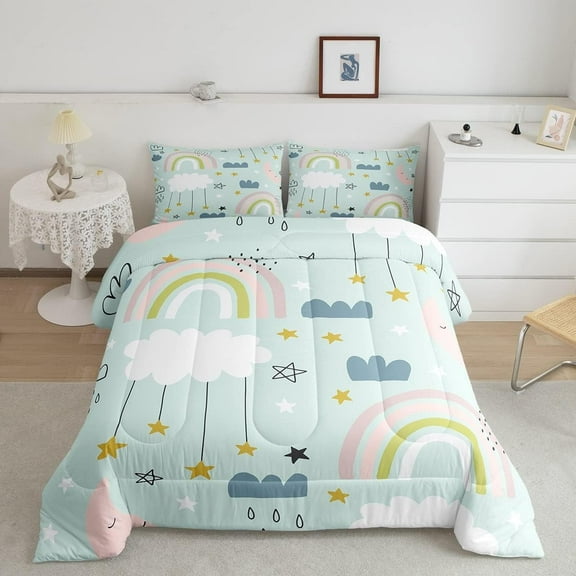 Kawaii Comforter Set Queen Rainbow Moon Stars Comforter Set Cute Cartoon Cloud Bedding Comforters Scandinavian Style Doodle Quilt Duvet Sets Bedroom Decor 1 Pillow Case