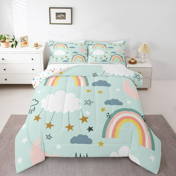 Kawaii Comforter Set Queen Rainbow Moon Stars Comforter Set Cute Cartoon Cloud Bedding Comforters Scandinavian Style Doodle Quilt Duvet Sets Bedroom Decor 1 Pillow Case