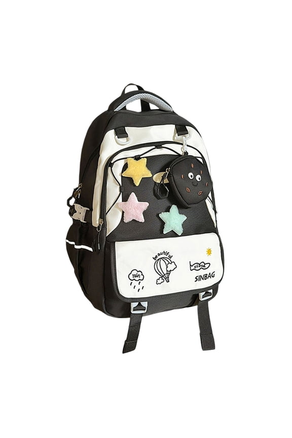 Kawaii Cookie Pendant Patchwork Backpack Embroidery Cartoon Print Large Capacity Spine Protective Waterproof Teen Back To School Bookbag
