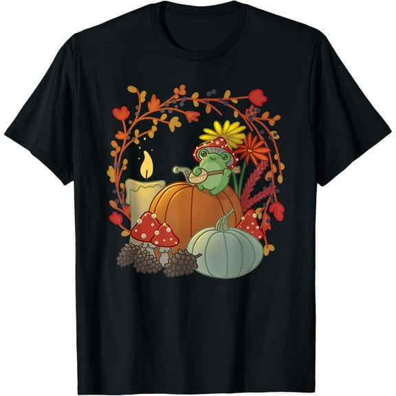 Kawaii Cottagecore Aesthetic Frog With Mushroom Hat Pumpkins T-Shirt