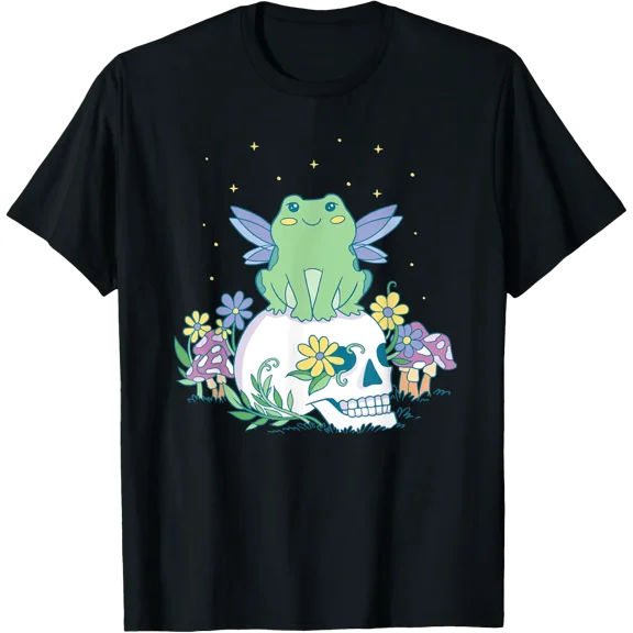 Kawaii Cottagecore Aesthetic Pastel Goth Fairy Frog Skull T-Shirt Size S-5XL