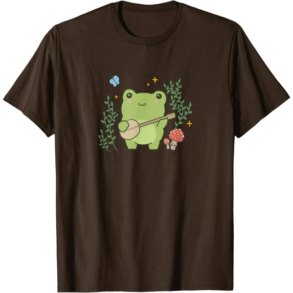 Kawaii Cottagecore Cute Frog Banjo Butterfly Unisex T-Shirt for Men Women Kids Toddler,Dark Chocolate Color,Size 2XL
