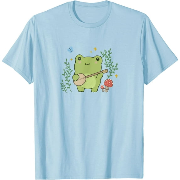 Kawaii Cottagecore Cute Frog Banjo Butterfly Unisex T-Shirt for Men Women Kids Toddler,Light Blue Color,Size 5XL
