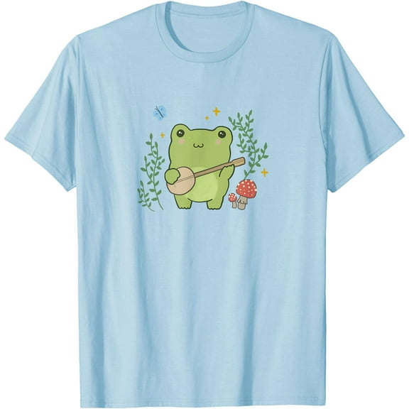 Kawaii Cottagecore Cute Frog Banjo Butterfly Unisex T-Shirt for Men Women Kids Toddler,Light Blue Color,Size YS
