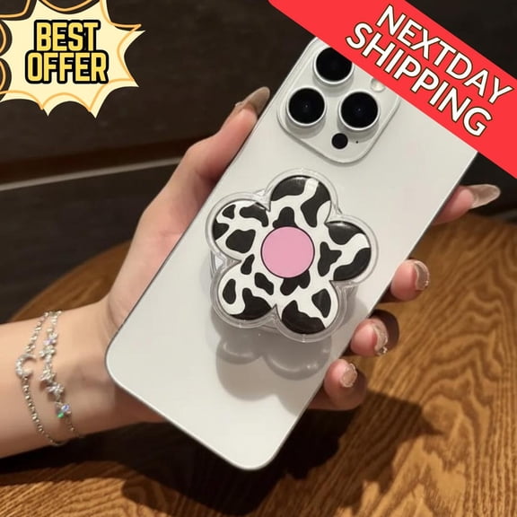 Kawaii Cow Print Flower Magnetic Phone Grip  Cute Black and White Flower Phone Holder, Fun Accessory for Teens & Floral Lovers
