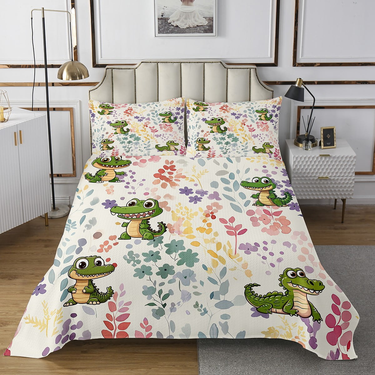 Feelyou Alphabet Kids ABC Learning Bedspread Queen Size, Cartoon Dino Quilted Coverlet Kids Educational Nursery Art Coverlet Set For Boys Girls Jungle Dino Quilted 3Pcs