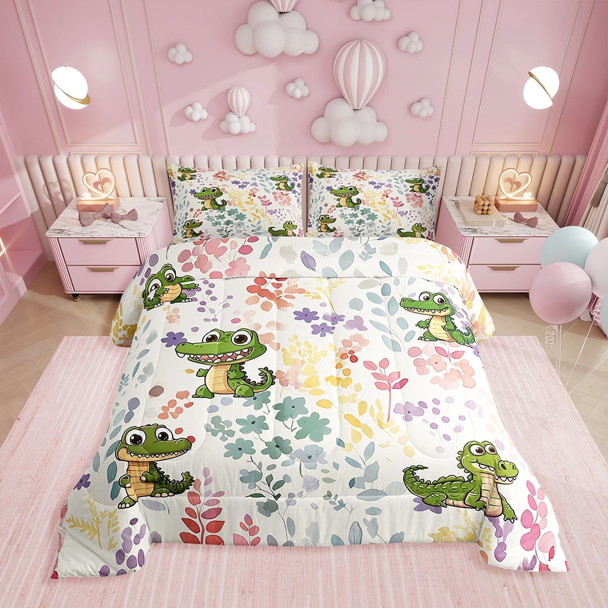 Kawaii Crocodile Bedding Set Twin Size,Cartoon Crocodile Flower Comforter Set,Cute Colorful Floral Quilt Bed Set Wildlife Animal Down Comforter with 1 Pillowcase