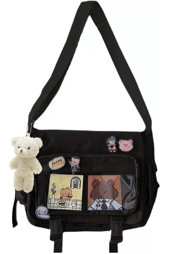 Kawaii Crossbody Ita Bag for Women with Pin & Plush Bear - Japanese Messenger Bags Y2K Shoulder Purse(Blue)