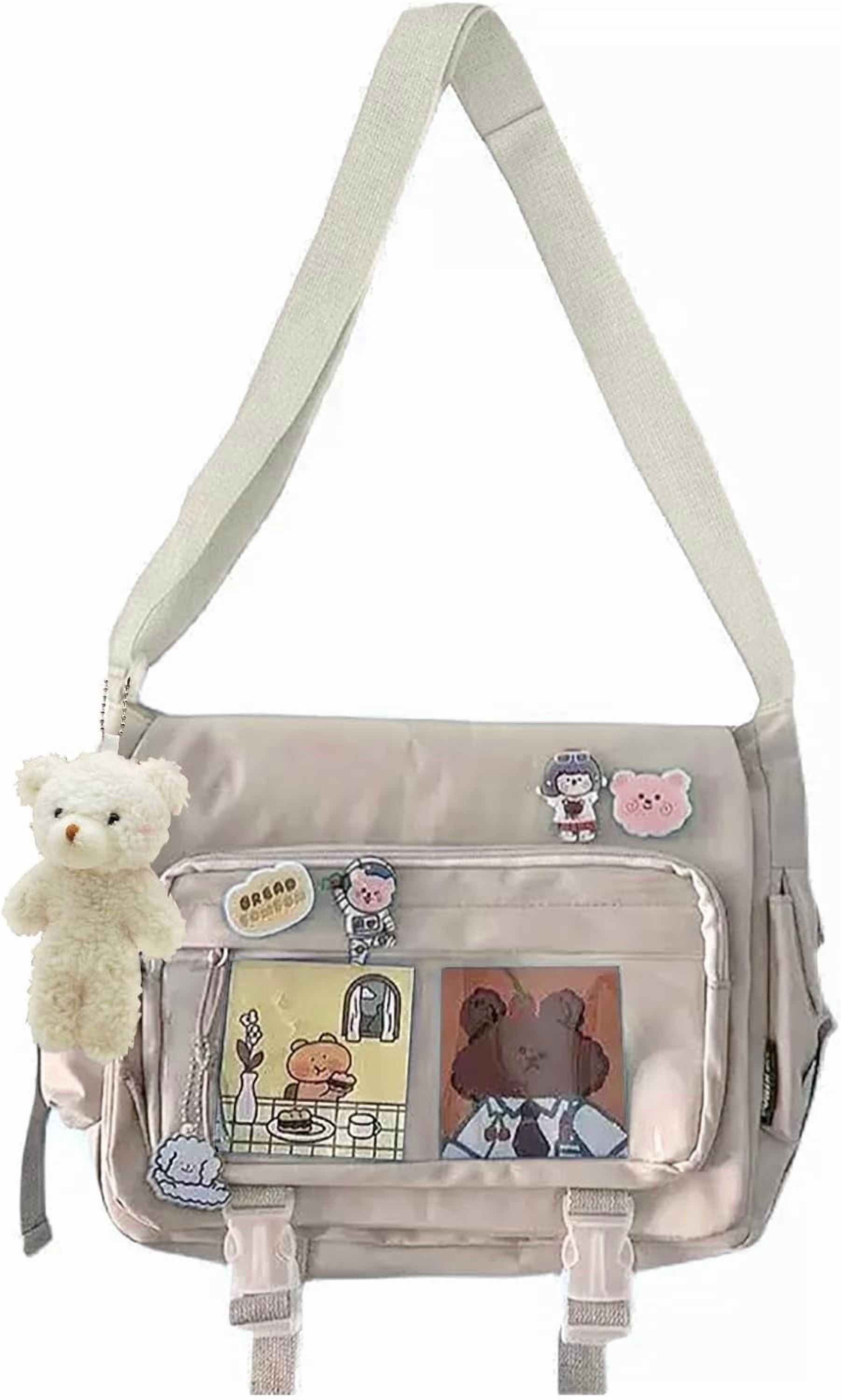 Kawaii Crossbody Ita Bag for Women with Pin & Plush Bear - Japanese Messenger Bags Y2K Shoulder Purse(Blue)