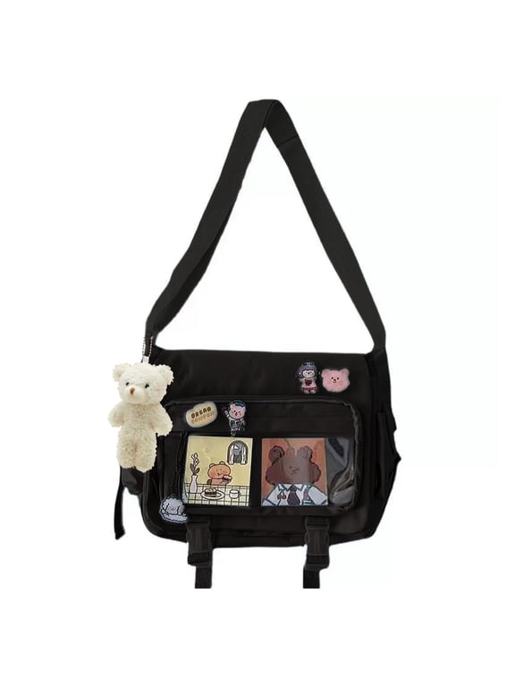 Kawaii Crossbody Ita Bag for Women with Pin & Plush Bear - Japanese Messenger Bags Y2K Shoulder Purse