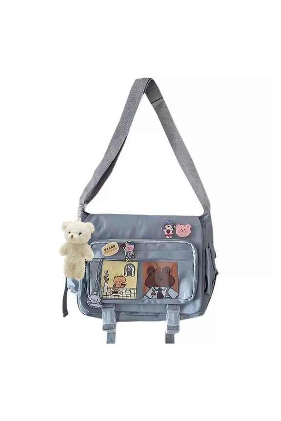 Kawaii Crossbody Ita Bag for Women with Pin & Plush Bear - Japanese Messenger Bags Y2K Shoulder Purse