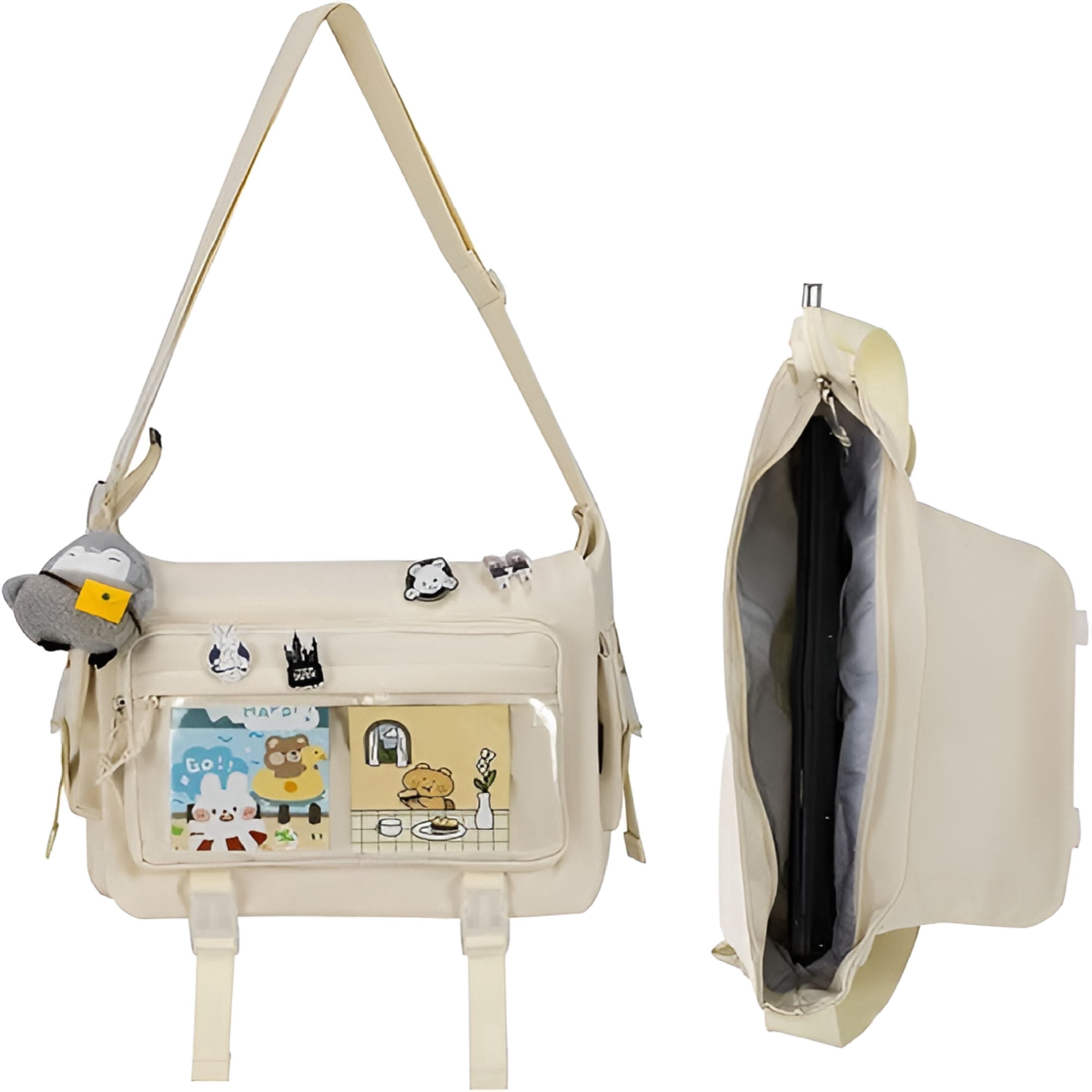 Kawaii Crossbody Ita Bag for Women with Pin and Plush Penguin,Cute Messenger Bag Japanese Crossbody Bag