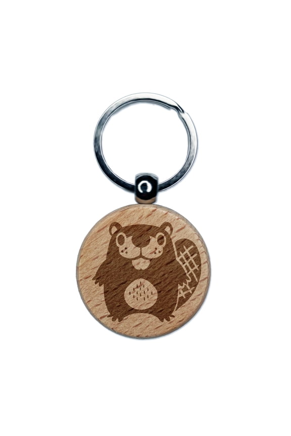 Kawaii Cute Beaver Buddy Round Keychain Charm Tag - Engraved Wood