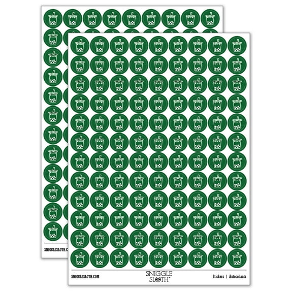 Kawaii Cute Boba Bubble Milk Tea Face 200+ Round Stickers - Dark Green - Matte Finish - 0.50" Size